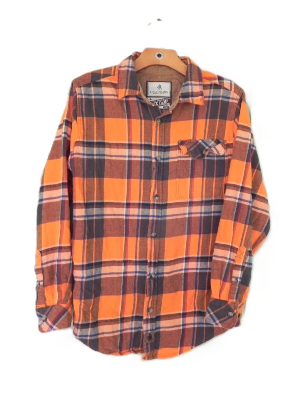 Legendary Whitetails Buck Camp Flannel Shirt Mens SM Orange Brown Plaid